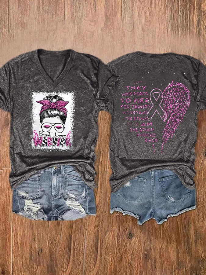 Women'S Breast cancer warrior Awareness V Neck T-Shirt