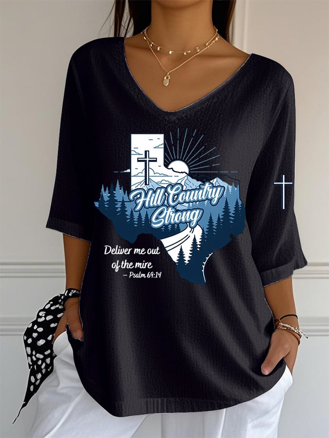 🙏💔Join us in praying for Texas.🙏V-Neck Hill Country Strong Deliver Me Out Of The Mire Print T-Shirt