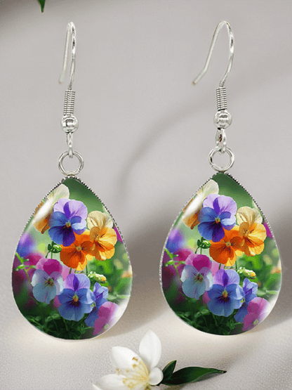 Purple Drop-Shaped Pansy Flower Design Earrings