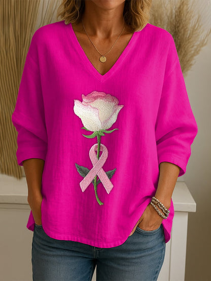 Women's Breast Cancer Embroidered Floral Print Loose Casual Top
