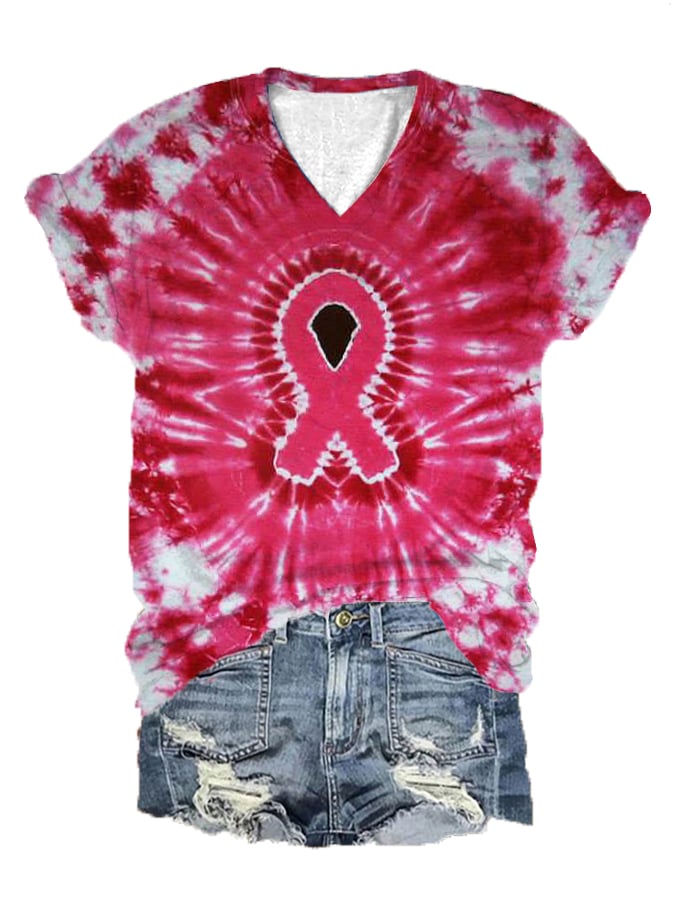 Women's Breath Cancer Awareness Tie Dye Print V-Neck T-Shirt