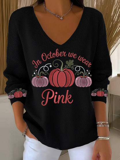 Women's Breast Cancer Pumpkin Print Long Sleeve Top
