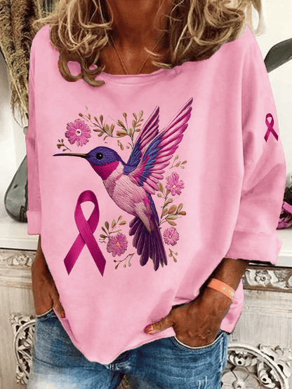 Womens Breast Cancer Awareness Hummingbird Heat Transfer Casual Sweatshirt