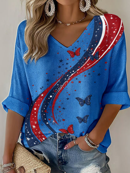Women's American Flag Printed Casual Waffle Long Sleeve T-shirt