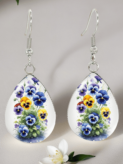 Purple Drop-Shaped Pansy Flower Design Earrings