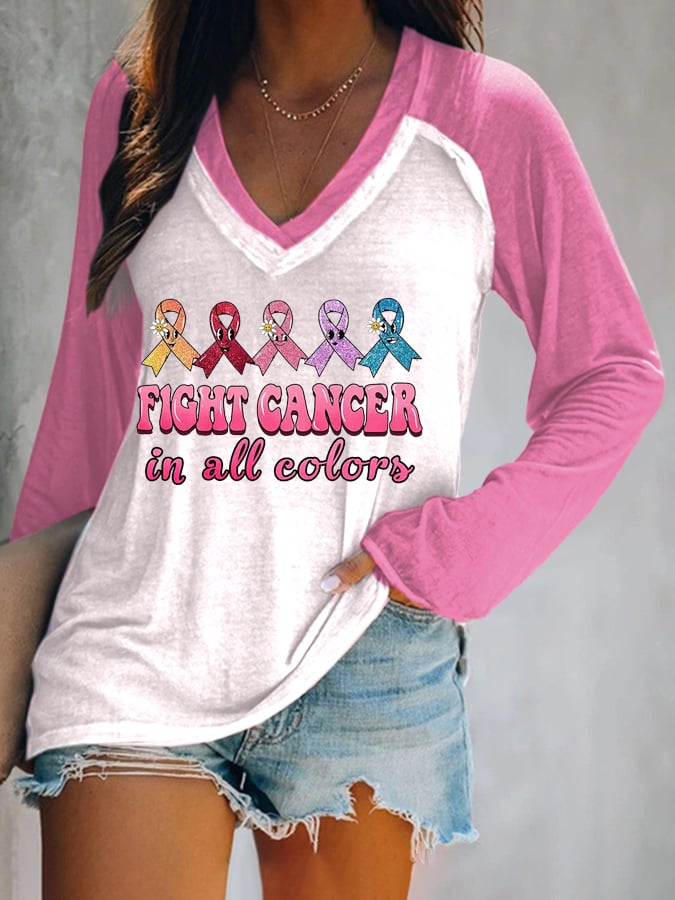 Women's Fight Cancer In All Colors V-Neck Long Sleeve T-Shirt