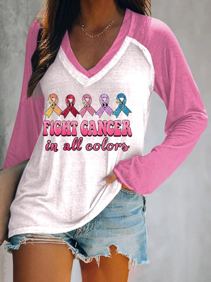 Women's Fight Cancer In All Colors V-Neck Long Sleeve T-Shirt