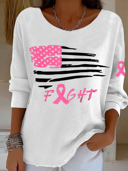 Women's Breast Cancer Ribbon American Flag Print Knitted Top