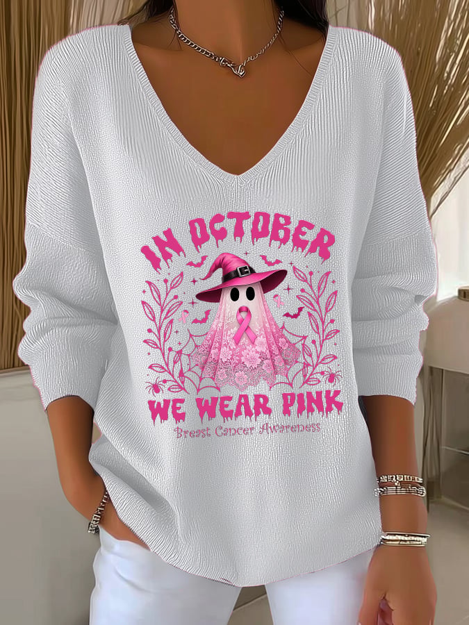 Women's Casual Breast Cancer We Wear October Pink Ghost Pit Stripe Long Sleeve Top