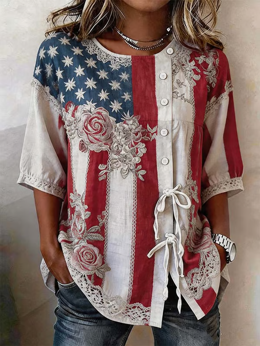 Women'S Independence Day Floral Printed Cotton And Linen Top