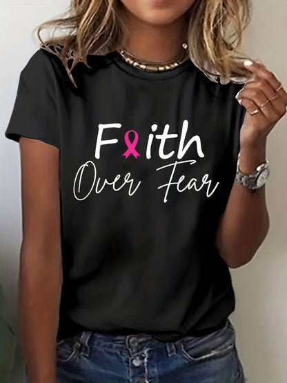 Women's Breast Cancer Awareness Faith Over Fear Printed Casual T-Shirt