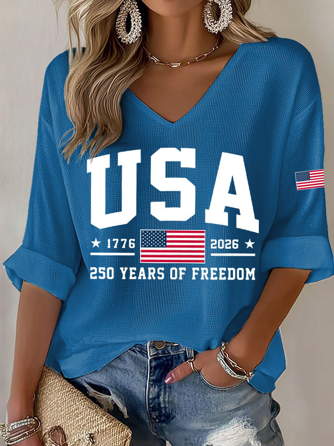Women'S America Flag Print Waffle T-Shirt