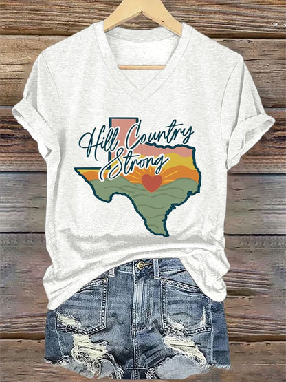 🙏💔Join us in praying for Texas.🙏V-Neck Retro Texas Strong Hill Country Strong Print T-Shirt