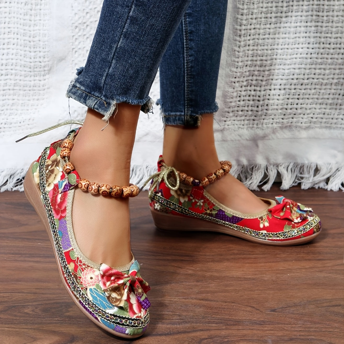 👍Last Day Promotion 70% OFF –2023 🌹Women's Floral Print Flat Shoes, Ethnic Style Ankle Strap Slip On Shoes, Casual Walking Shoes