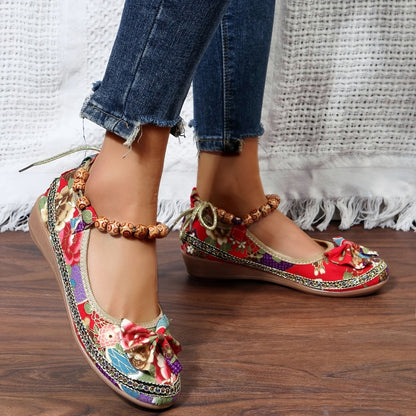 👍Last Day Promotion 70% OFF –2023 🌹Women's Floral Print Flat Shoes, Ethnic Style Ankle Strap Slip On Shoes, Casual Walking Shoes