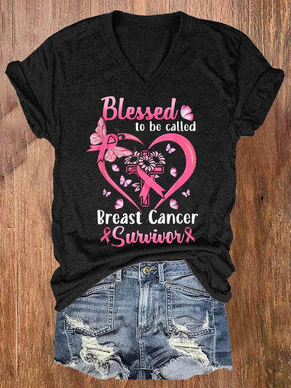 Women'S Blessed To Be Called Breast Cancer Survivor Printed T-Shirt