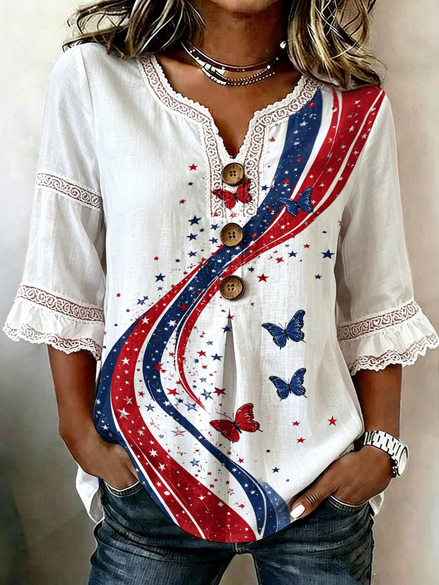 Women's Retro Independence Day Art Printed Casual Top