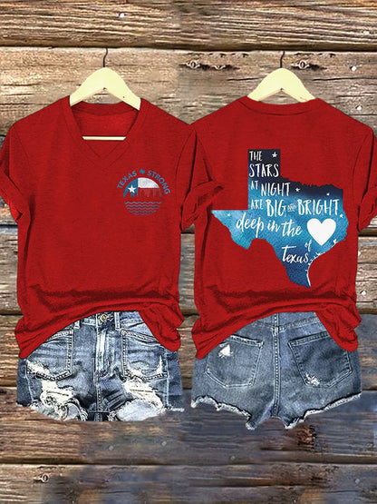 🙏💔Join us in praying for Texas.🙏V-Neck Retro Texas Strong The Stars At Night Are Big And Bright Deep In The Heart Of Texas Print T-Shirt