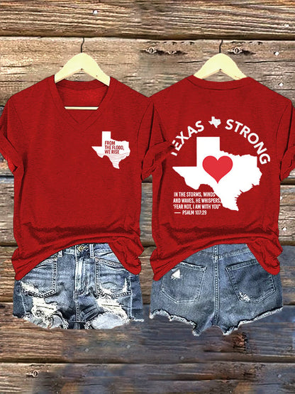 🙏💔Join us in praying for Texas.🙏V-Neck Retro Texas Strong From The Flood, We Rise Texas Strong In The Storms, Winds And Waves, He Whispers,“Fear Not, I Am With You”— Psalm 107:29 Print T-Shirt