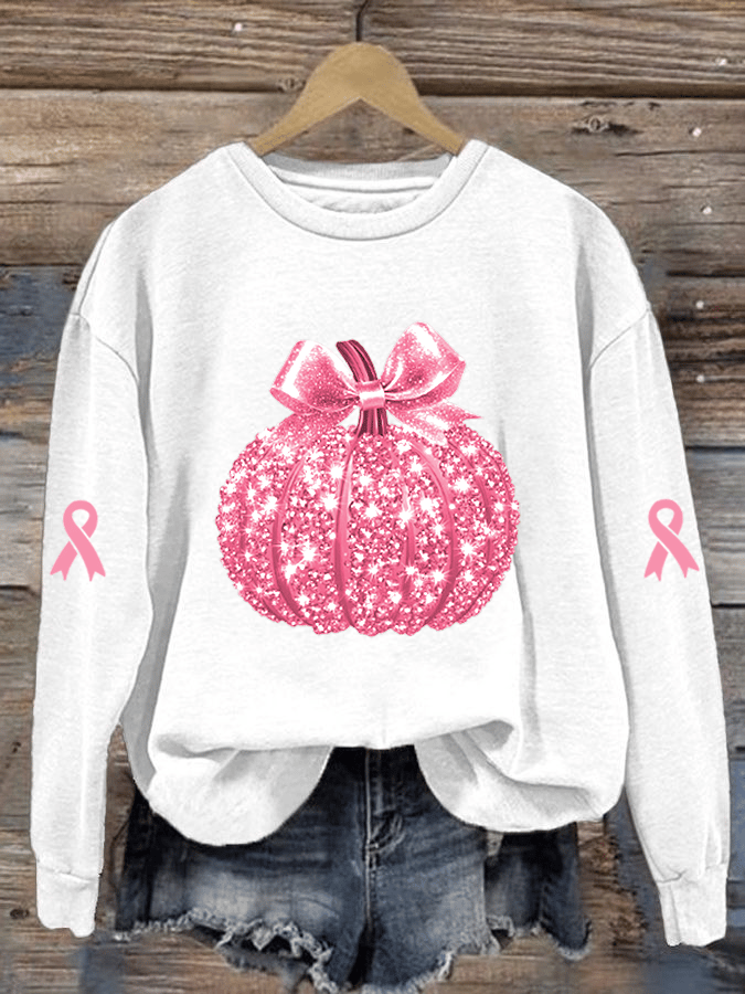Women's Breast Cancer Sequin Pumpkin Print Crew Neck Sweatshirt
