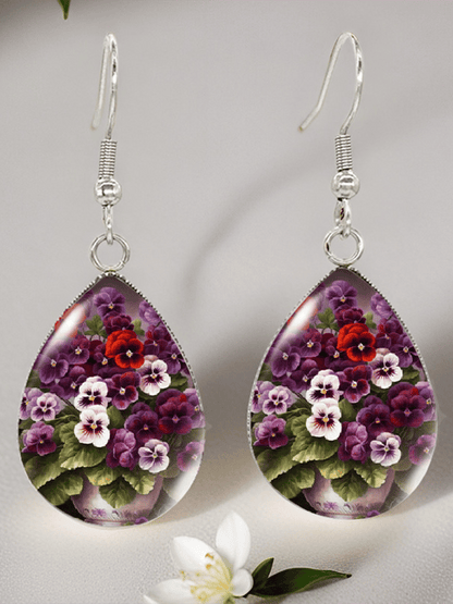 Purple Drop-Shaped Pansy Flower Design Earrings