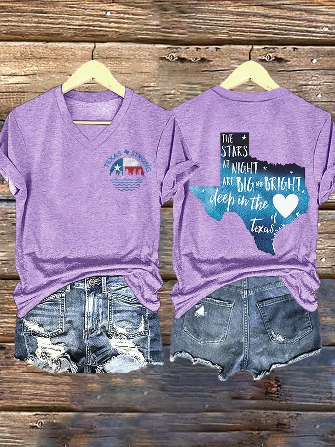 🙏💔Join us in praying for Texas.🙏V-Neck Retro Texas Strong The Stars At Night Are Big And Bright Deep In The Heart Of Texas Print T-Shirt