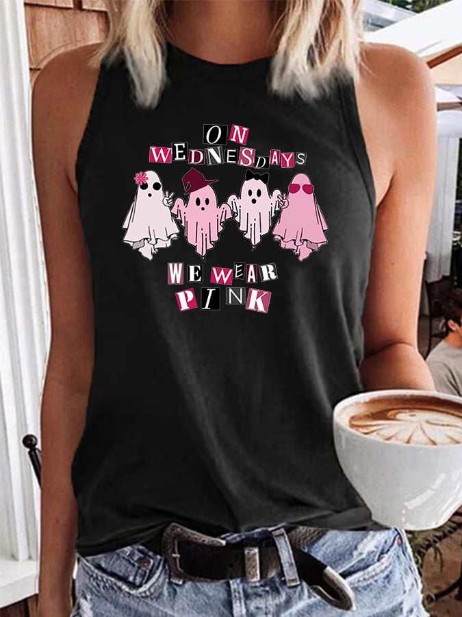 Women's Halloween Breast Cancer On Wednesday We Wear Pink Cute Ghost Halloween Print Tank Top