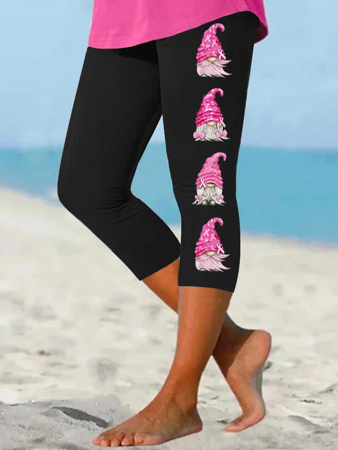 Women's Pink Ribbon Breast Cancer Awareness Gnome Print Cropped Leggings