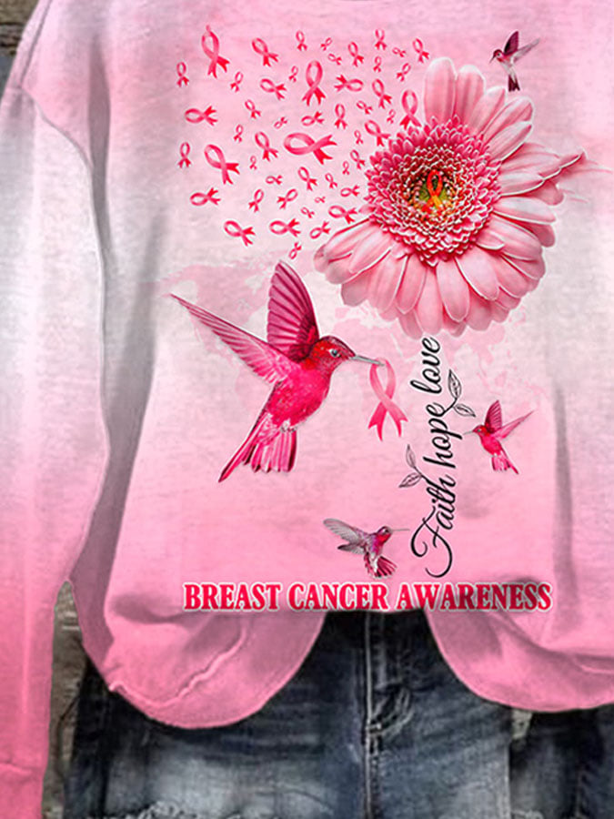 Breast Cancer Awareness Faith Hope Love Hummingbird Print Sweatshirt