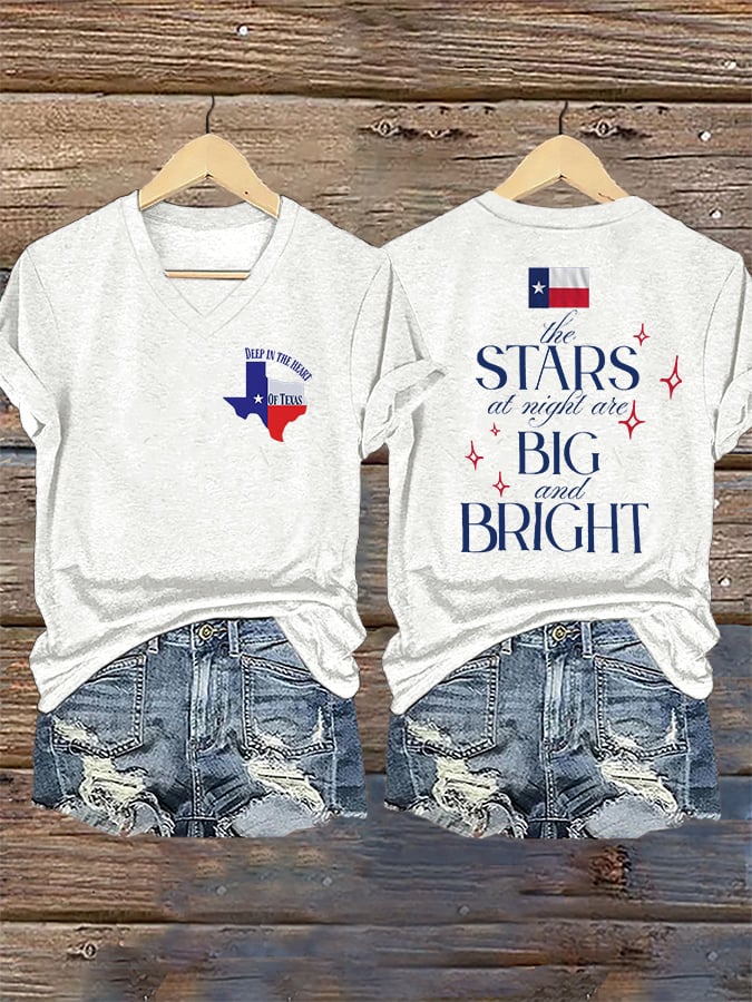 🙏💔Join us in praying for Texas.🙏V-Neck Retro Texas Strong The Stars At Night Are Big And Bright Deep In The Heart Of Texas Print T-Shirt