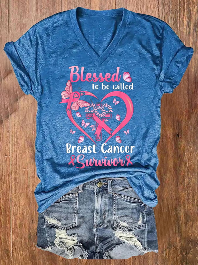 Women'S Blessed To Be Called Breast Cancer Survivor Printed T-Shirt