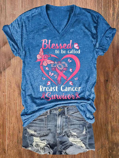 Women'S Blessed To Be Called Breast Cancer Survivor Printed T-Shirt