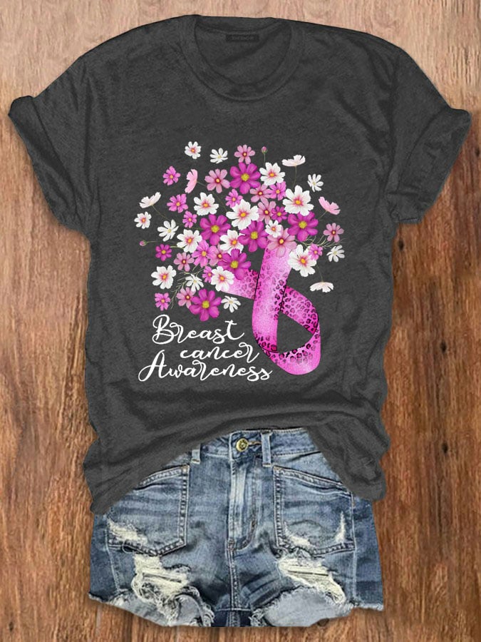 Women's Floral Breast Cancer Awareness Pink Ribbon Print Crewneck T-Shirt