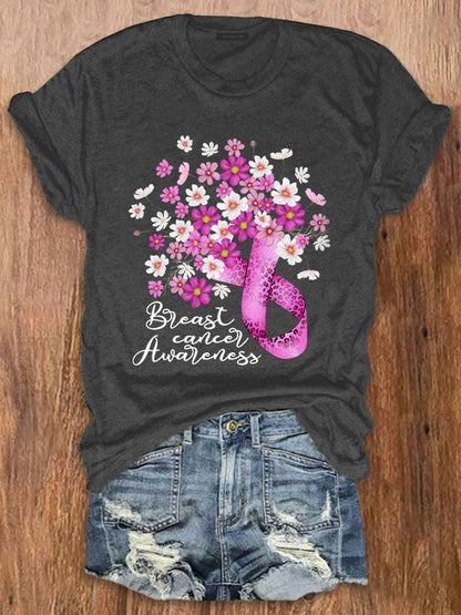 Women's Floral Breast Cancer Awareness Pink Ribbon Print Crewneck T-Shirt