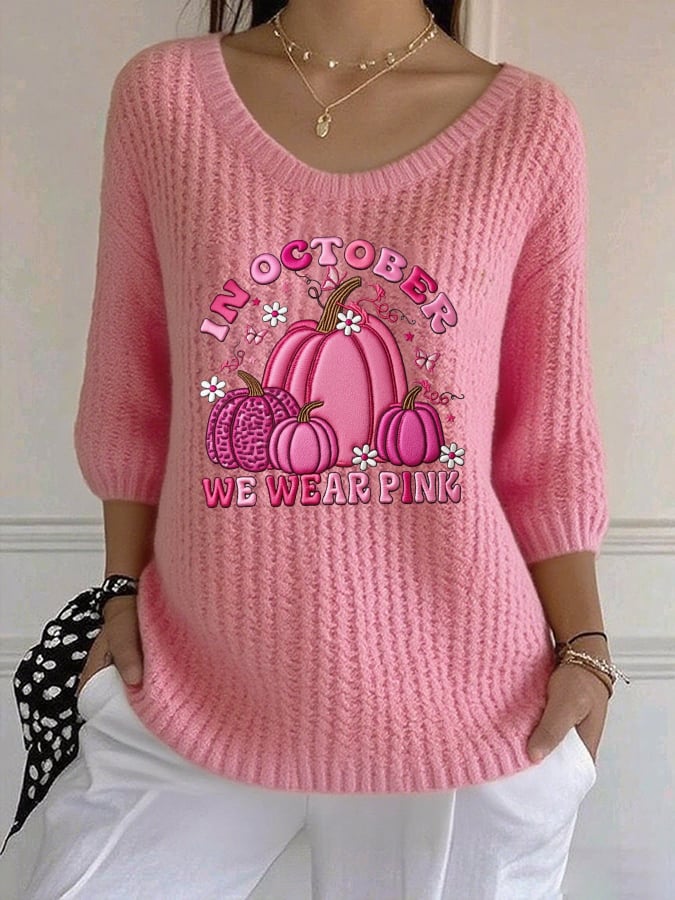 Women's Casual Retro Pink October We Wear Pink Pumpkin Sweater