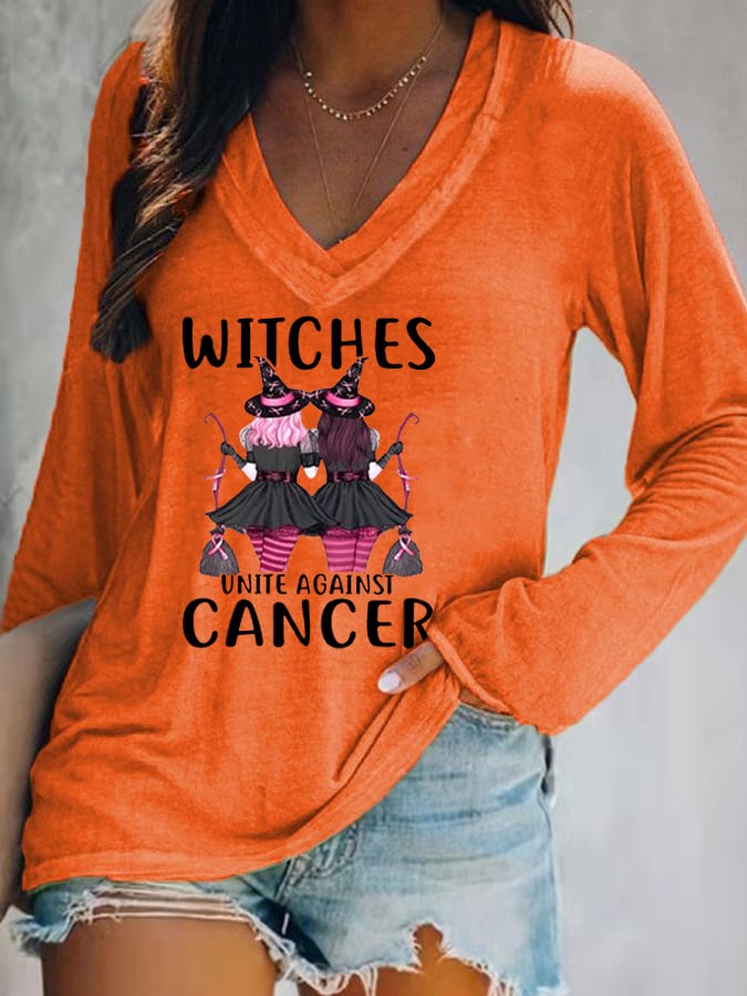 Women's Witches Unite Against Cancer V-Neck Long-Sleeve T-Shirt