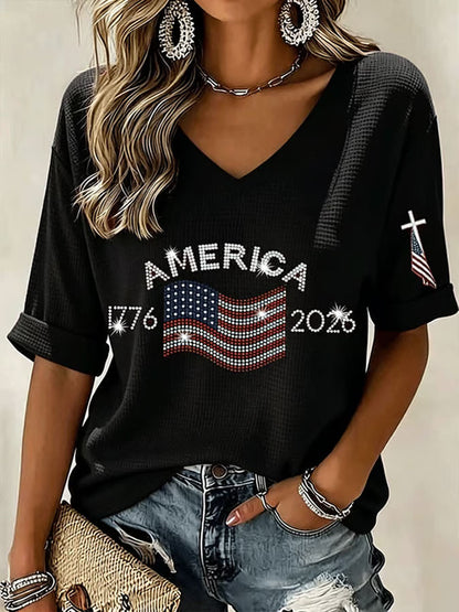 Ladies' American Flag Printed Casual Long Sleeve V-neck T-shirt