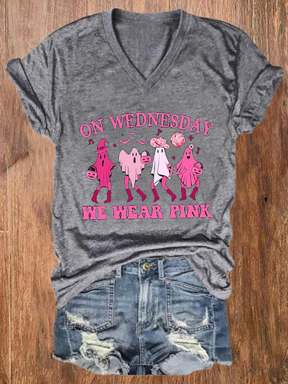 Women's Halloween Breast Cancer On Wednesdays We Wear Pink Howdy Pink Ribbon Ghost Print V-Neck T-Shirt