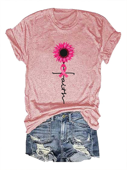 Women's Faith Hope Love Breast Cancer Awareness Sunflower Pink Ribbon T-Shirt