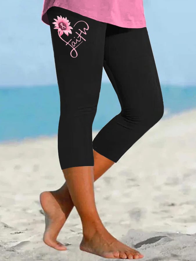 Women's Pink Ribbon Faith Breast Cancer Warrior Supporter Cropped Leggings