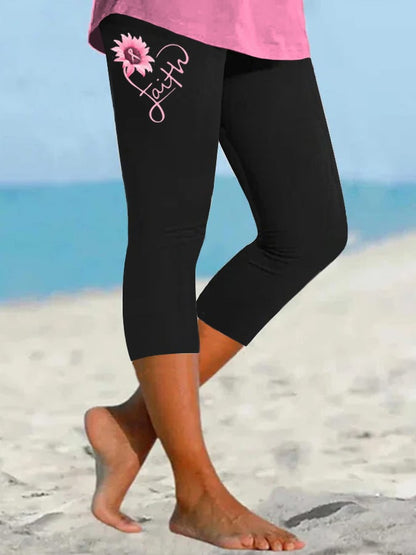 Women's Pink Ribbon Faith Breast Cancer Warrior Supporter Cropped Leggings