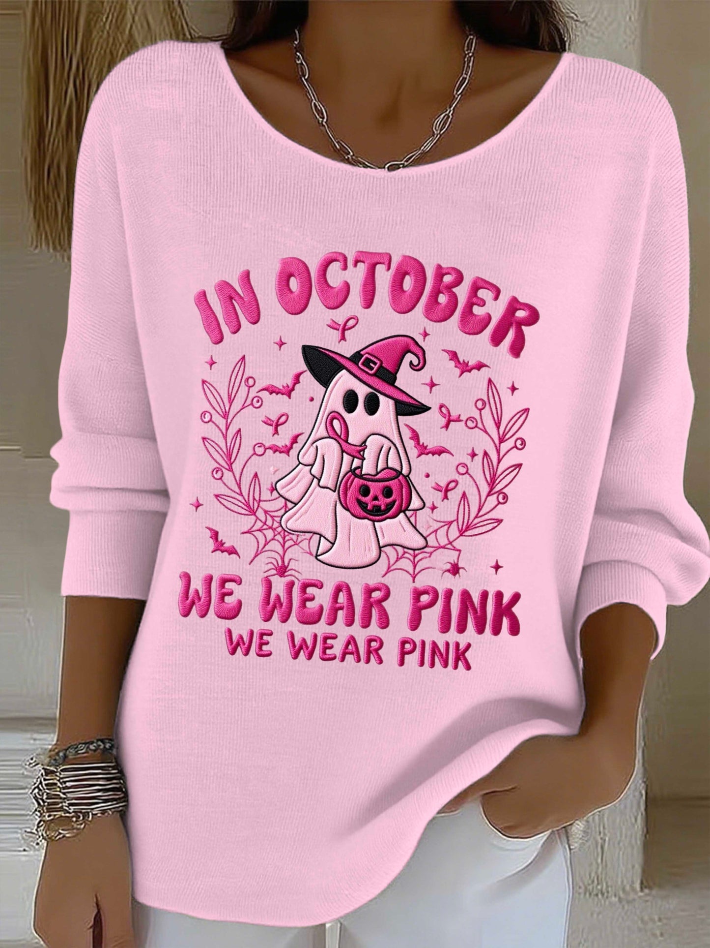 Women's Pink Cute Ghost Print Long Striped Top