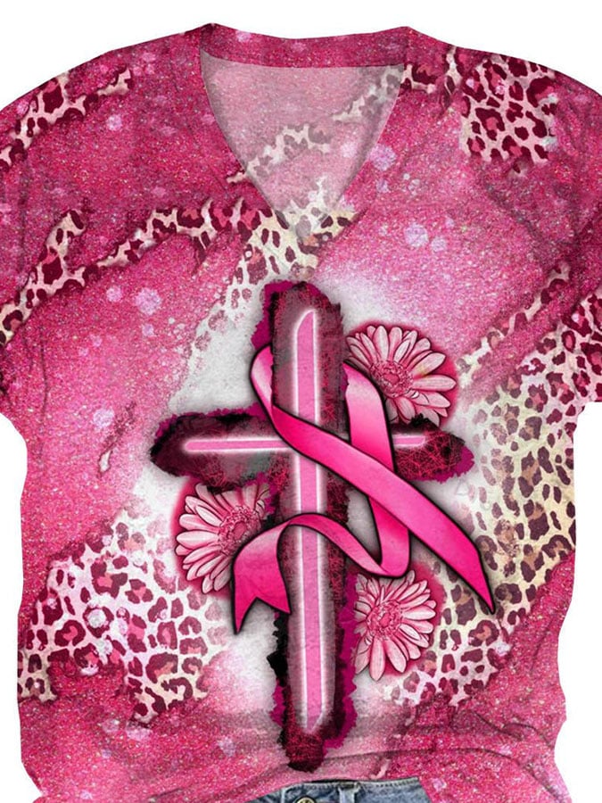 V-Neck Breast Cancer Awareness Leopard Print Floral Cross Print T-Shirt