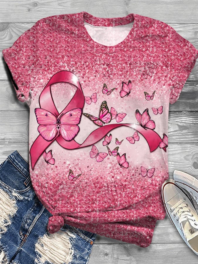 Women's Breast Cancer Ribbon Butterfly Print Tee