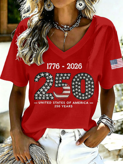 Ladies' Casual American 250Th Anniversary Celebration Personalized Printed V-Neck Short Sleeved Shirt
