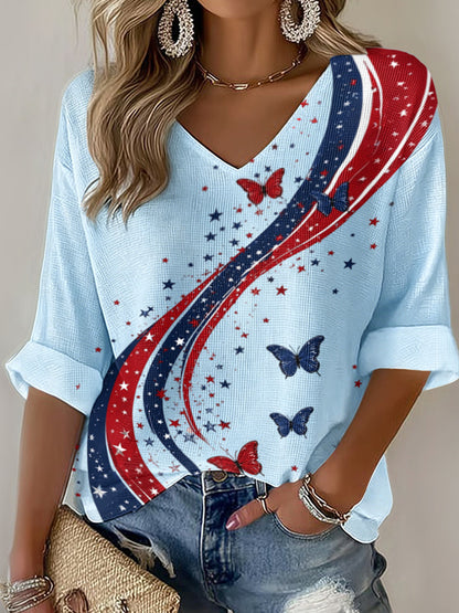 Women's American Flag Printed Casual Waffle Long Sleeve T-shirt