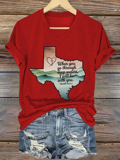 🙏💔Join us in praying for Texas.🙏V-Neck Retro Texas Strong When You Go Through Deep Waters, I Will Be With You. Isaiah 43:2 Print T-Shirt