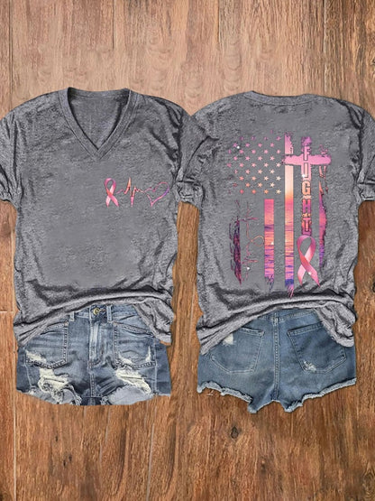 Women's Fight Breast Cancer Awareness Print V-Neck T-Shirt