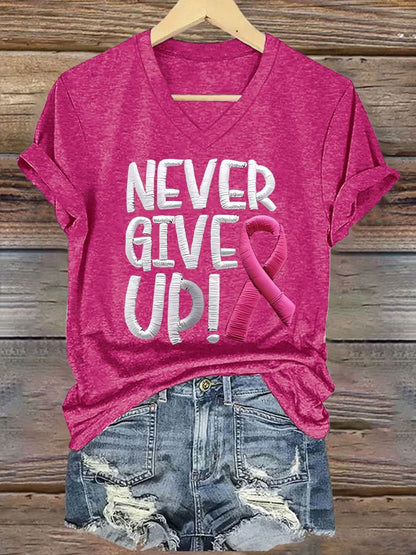 Never Give Up Women's Breast Cancer Awareness Print T-Shirt