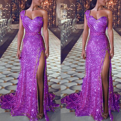 Dress Prom sparkling sequin, one shoulder, sexy high side slit Mermaid